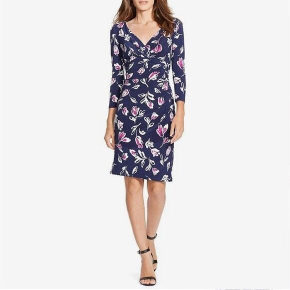 Ralph Lauren long sleeve navy & purple floral ruched side faux wrap dress size 4 - Picture 1 of 9
